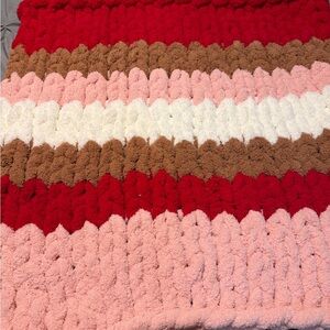 Cozy Plush Striped Throw Blanket — Red, Pink, Brown & White